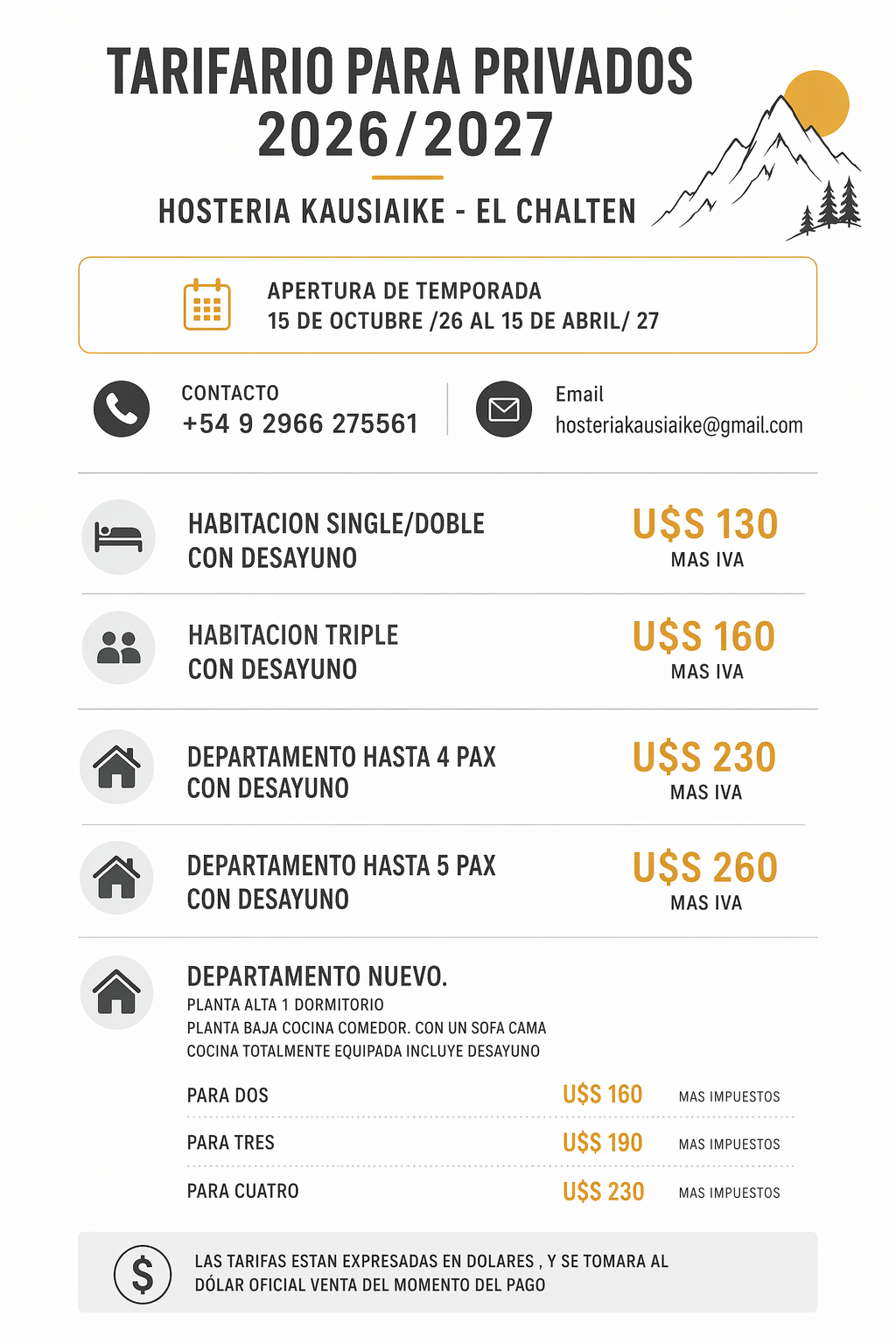 tarifario2026 Kau Si Aike Inn El Chalt&eacute;n Patagonia Argentina